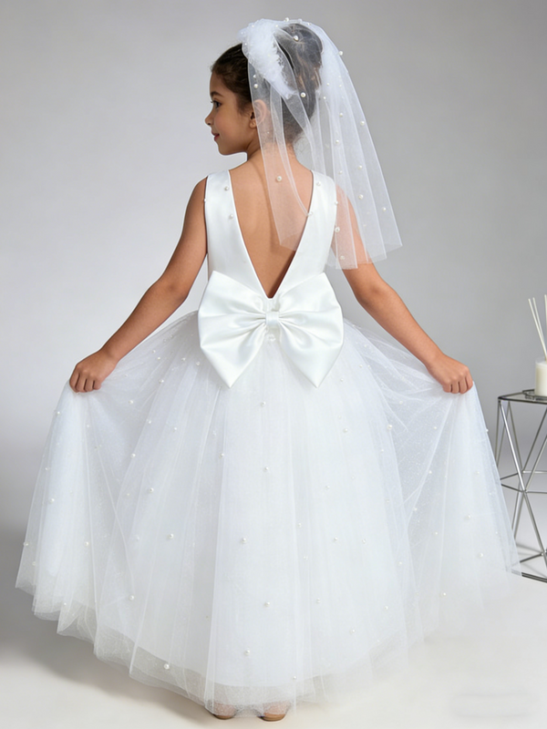 Girls Princess Flower Girl Dress Pearl Tulle Bodice Bow Back Wedding First Communion Gown