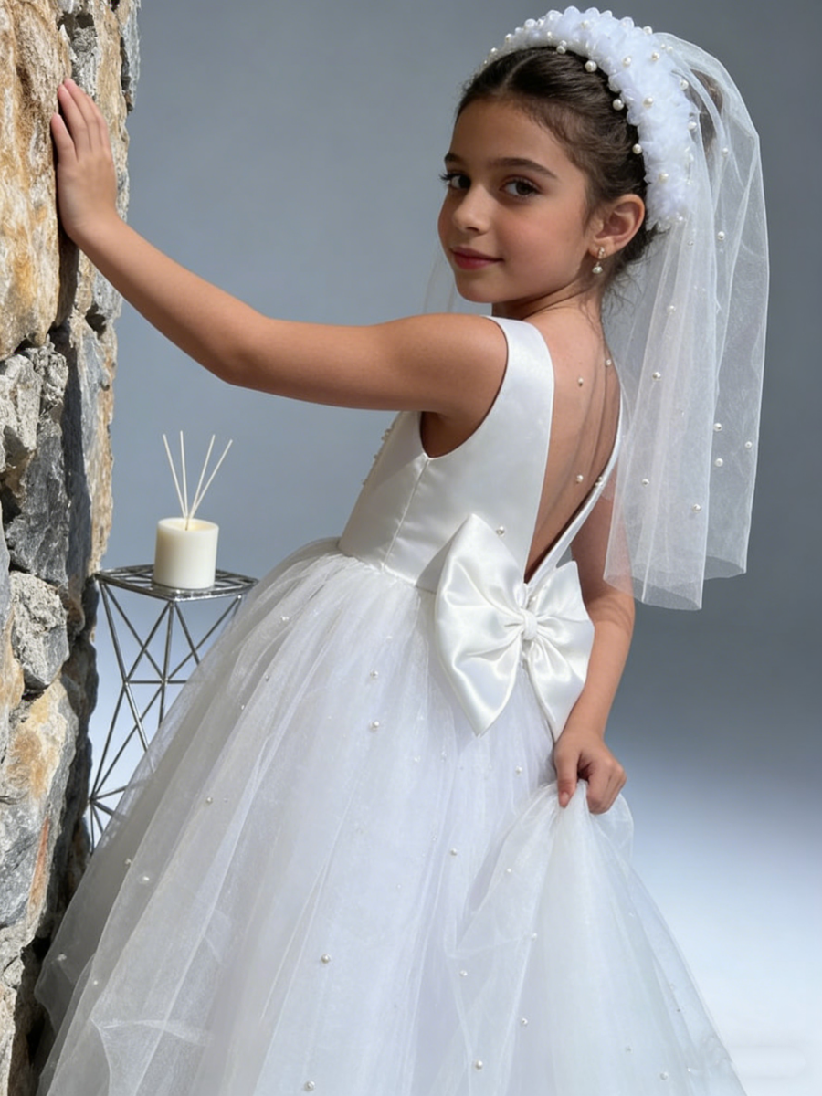 Girls Princess Flower Girl Dress Pearl Tulle Bodice Bow Back Wedding First Communion Gown