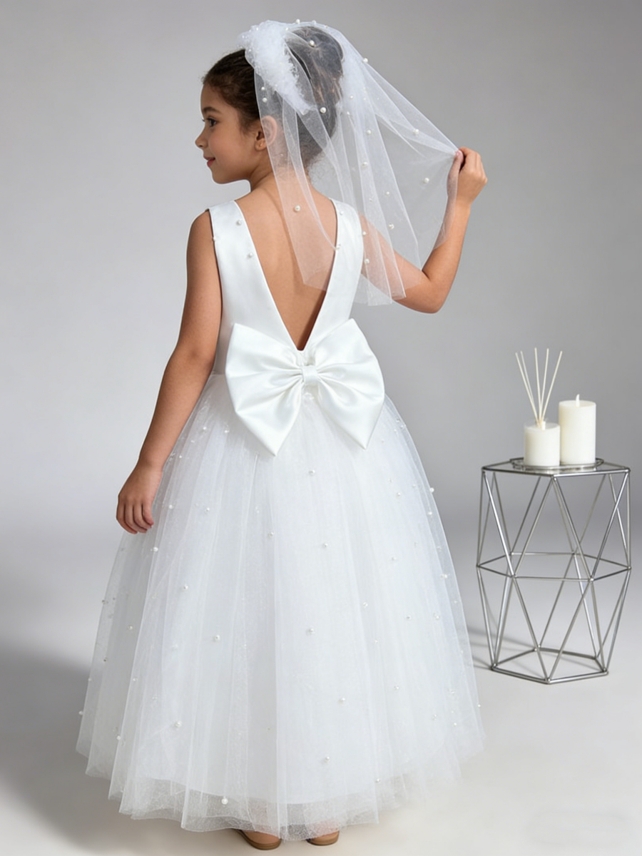 Girls Princess Flower Girl Dress Pearl Tulle Bodice Bow Back Wedding First Communion Gown