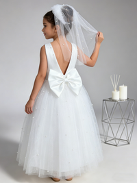 Girls Princess Flower Girl Dress Pearl Tulle Bodice Bow Back Wedding First Communion Gown