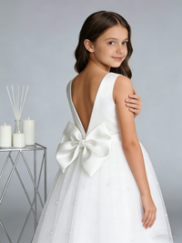 Girls Princess Flower Girl Dress Pearl Tulle Bodice Bow Back Wedding First Communion Gown