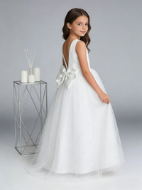 Girls Princess Flower Girl Dress Pearl Tulle Bodice Bow Back Wedding First Communion Gown