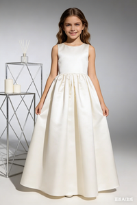 Elegant Satin A Line Flower Girl Dress Sleeveless Open Back Bow for Wedding Pageant Formal Gowns