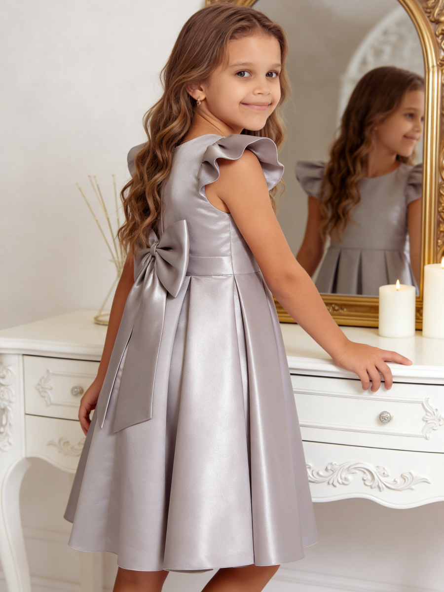 Chic Ruffle Sleeve Flower Girl Dress with Back Bow for Wedding Pageant Formal Party