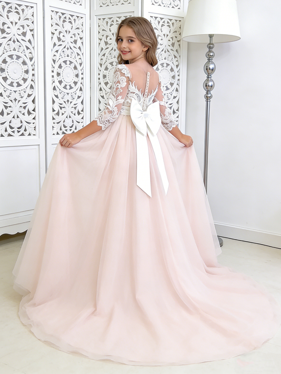Lace Flower Girl Dress with Back Bow Train for Wedding Formal Pageant