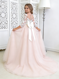 Lace Flower Girl Dress with Back Bow Train for Wedding Formal Pageant