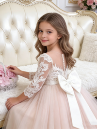 Lace Flower Girl Dress with Back Bow Train for Wedding Formal Pageant