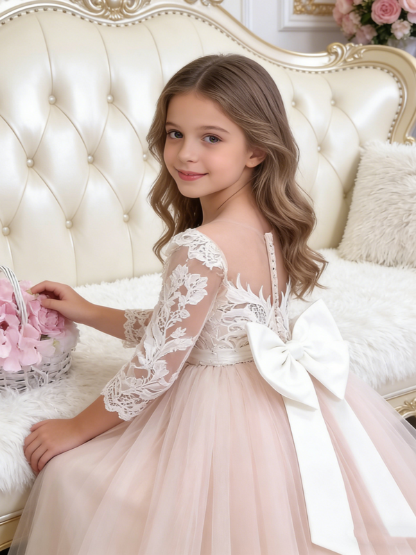 Lace Flower Girl Dress with Back Bow Train for Wedding Formal Pageant