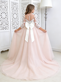 Lace Flower Girl Dress with Back Bow Train for Wedding Formal Pageant
