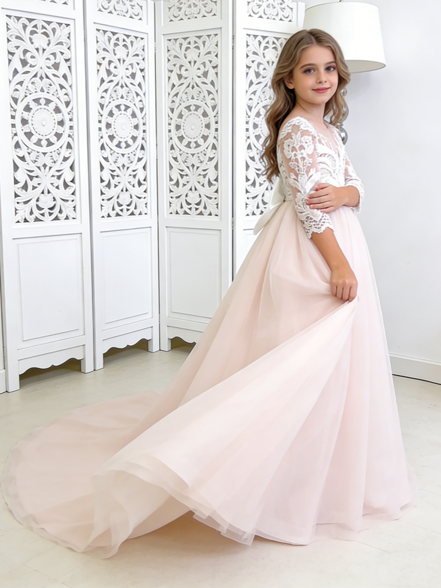 Lace Flower Girl Dress with Back Bow Train for Wedding Formal Pageant