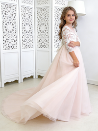 Lace Flower Girl Dress with Back Bow Train for Wedding Formal Pageant