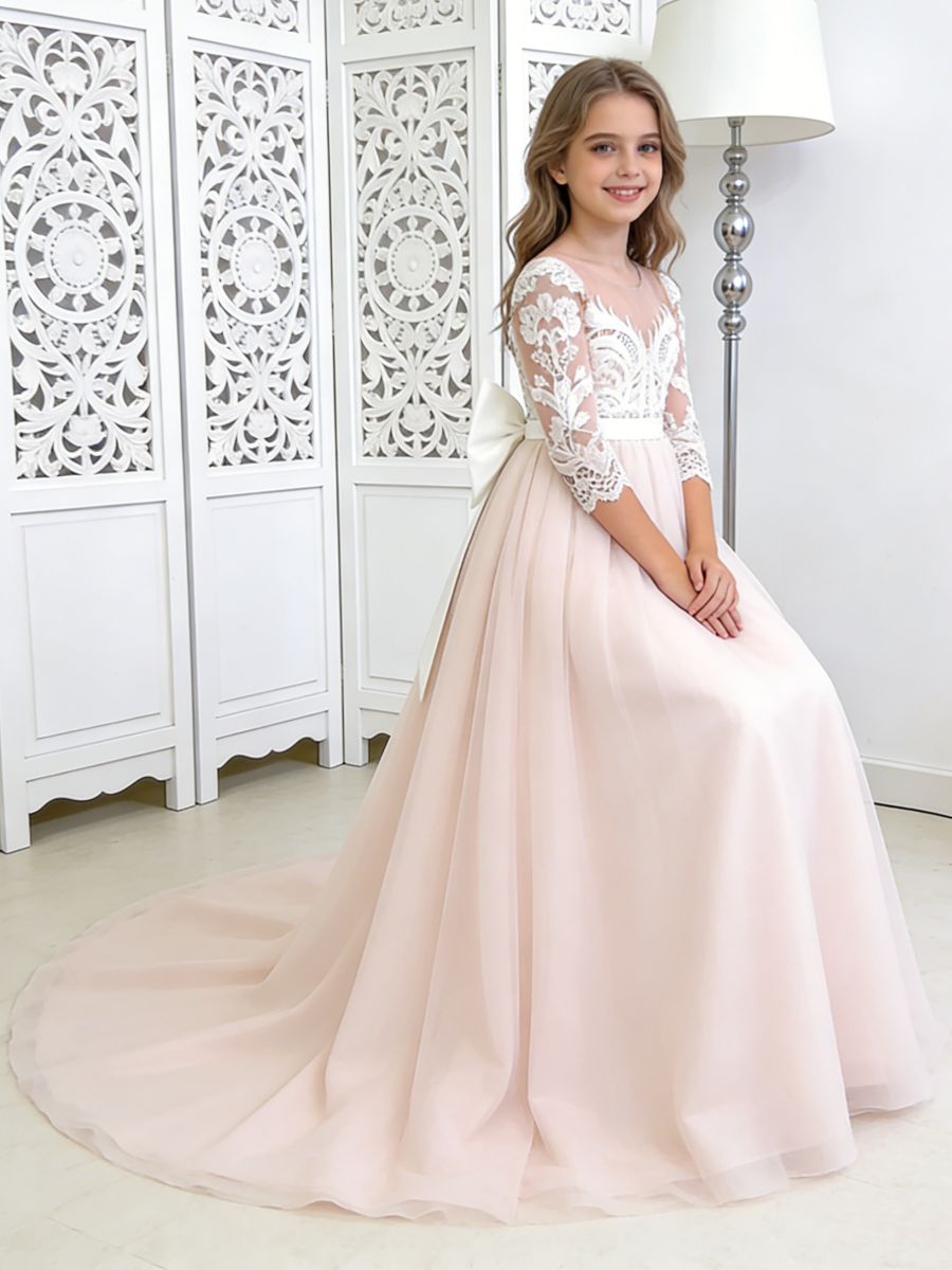 Lace Flower Girl Dress with Back Bow Train for Wedding Formal Pageant