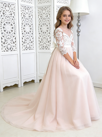 Lace Flower Girl Dress with Back Bow Train for Wedding Formal Pageant