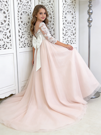 Lace Flower Girl Dress with Back Bow Train for Wedding Formal Pageant