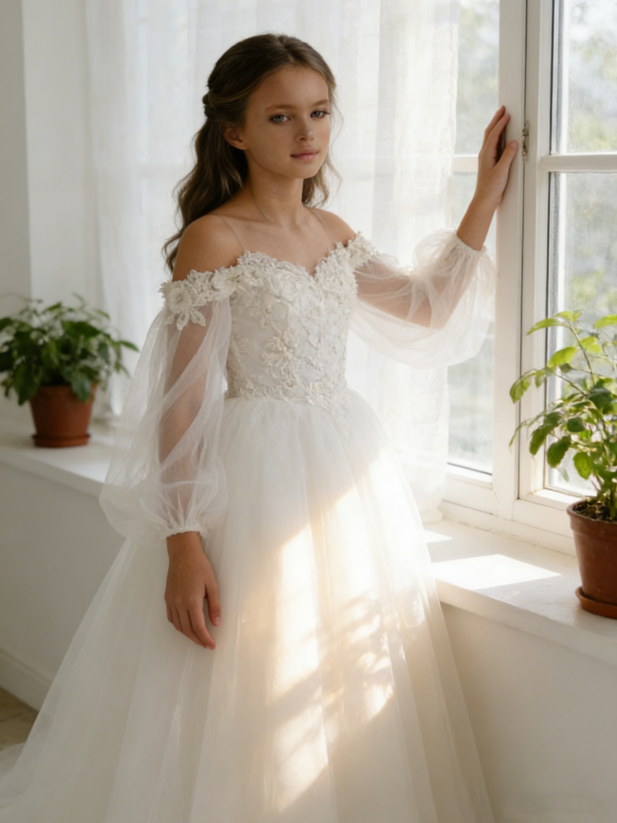 Off the Shoulder Tulle Flower Girl Gown Lace Puff Sleeves Back Bow for Wedding Formal Events