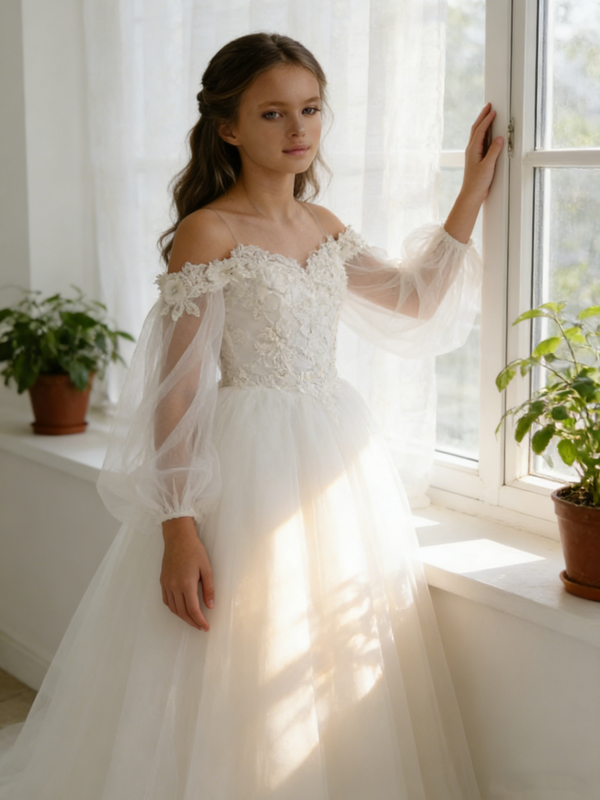 Off the Shoulder Tulle Flower Girl Gown Lace Puff Sleeves Back Bow for Wedding Formal Events