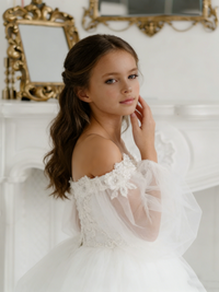 Off the Shoulder Tulle Flower Girl Gown Lace Puff Sleeves Back Bow for Wedding Formal Events