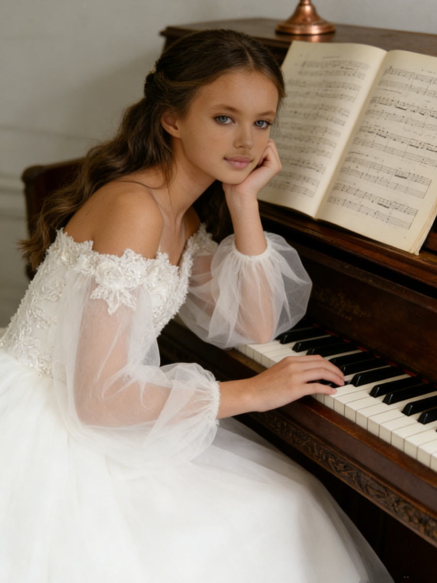Off the Shoulder Tulle Flower Girl Gown Lace Puff Sleeves Back Bow for Wedding Formal Events