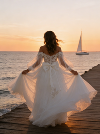 Off the Shoulder Tulle Flower Girl Gown Lace Puff Sleeves Back Bow for Wedding Formal Events