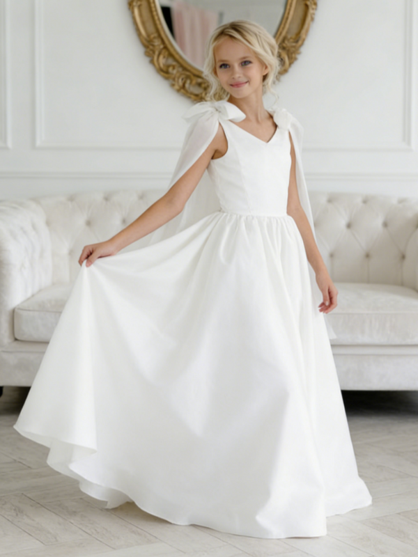 Sleeveless Satin Flower Girl Gown Cape Back Bow for Wedding Formal Events