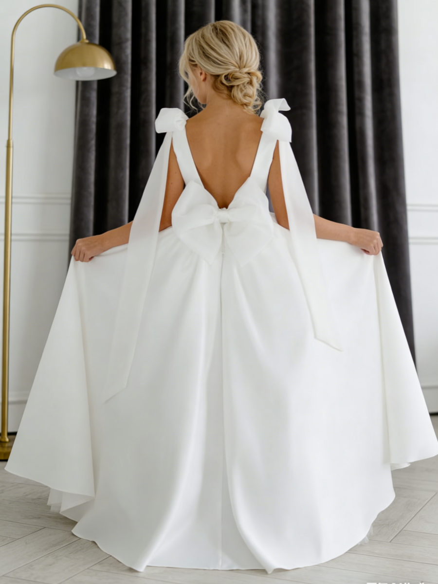 Sleeveless Satin Flower Girl Gown Cape Back Bow for Wedding Formal Events