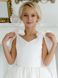 Sleeveless Satin Flower Girl Gown Cape Back Bow for Wedding Formal Events