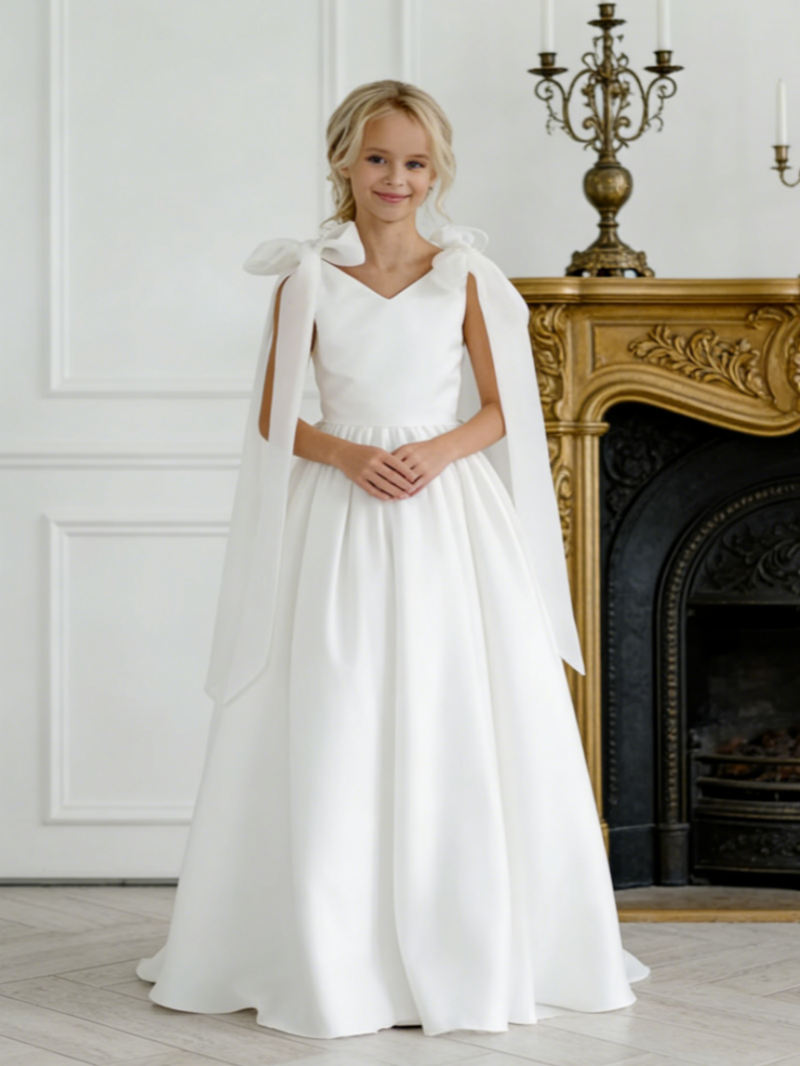 Sleeveless Satin Flower Girl Gown Cape Back Bow for Wedding Formal Events