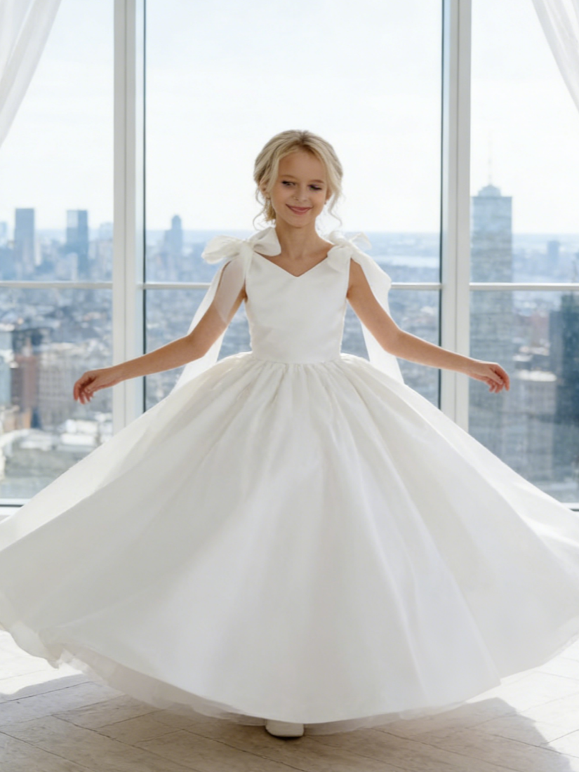 Sleeveless Satin Flower Girl Gown Cape Back Bow for Wedding Formal Events