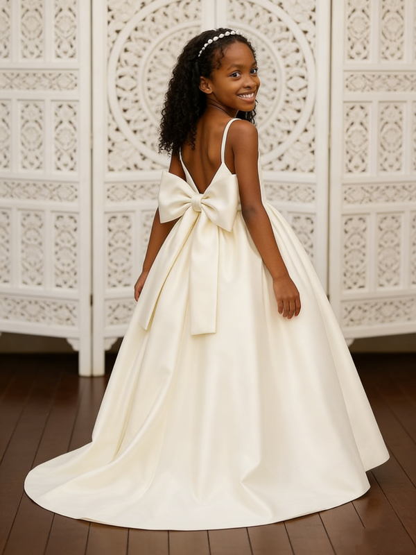 Spaghetti Strap Satin Flower Girl Dress Back Bow for Wedding Formal Pageant