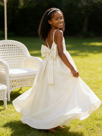 Spaghetti Strap Satin Flower Girl Dress Back Bow for Wedding Formal Pageant