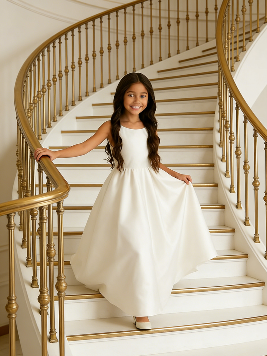 Spaghetti Strap Satin Flower Girl Dress Back Bow for Wedding Formal Pageant