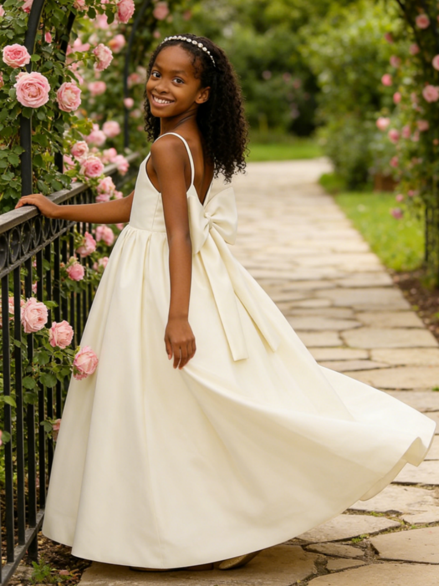 Spaghetti Strap Satin Flower Girl Dress Back Bow for Wedding Formal Pageant