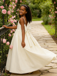 Spaghetti Strap Satin Flower Girl Dress Back Bow for Wedding Formal Pageant