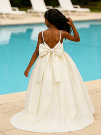 Spaghetti Strap Satin Flower Girl Dress Back Bow for Wedding Formal Pageant