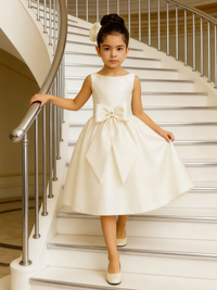 Sleeveless Satin Flower Girl Dress with Front Bow for Wedding Formal Party