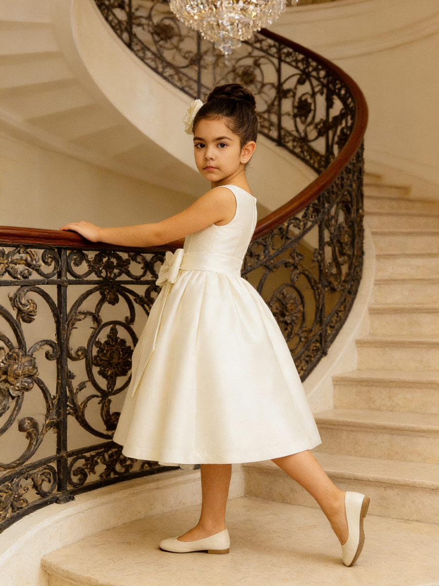 Sleeveless Satin Flower Girl Dress with Front Bow for Wedding Formal Party