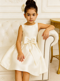 Sleeveless Satin Flower Girl Dress with Front Bow for Wedding Formal Party