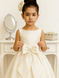 Sleeveless Satin Flower Girl Dress with Front Bow for Wedding Formal Party