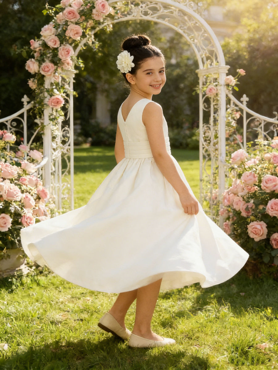 Sleeveless Satin Flower Girl Dress with Front Bow for Wedding Formal Party