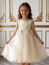 Sleeveless Satin Tulle Flower Girl Dress with Double Bows for Wedding Formal Party