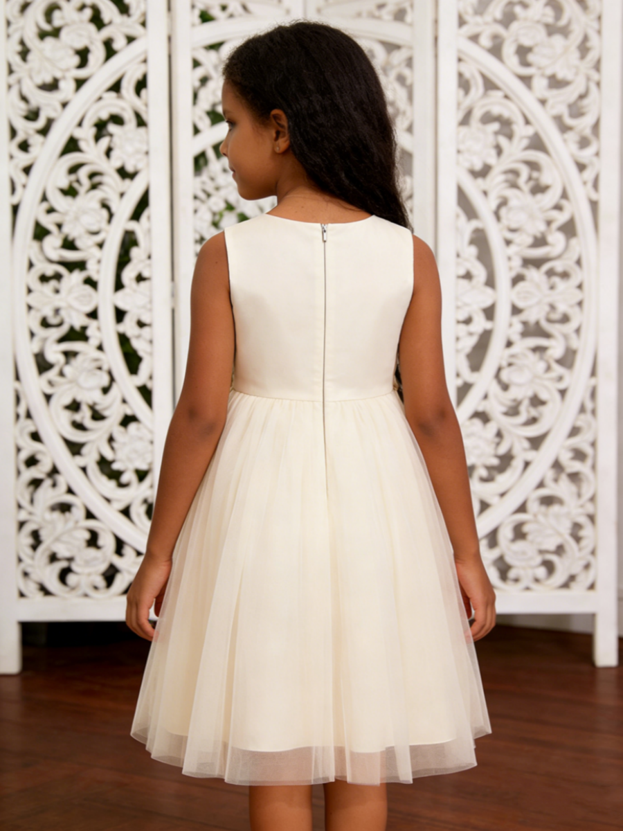 Sleeveless Satin Tulle Flower Girl Dress with Double Bows for Wedding Formal Party