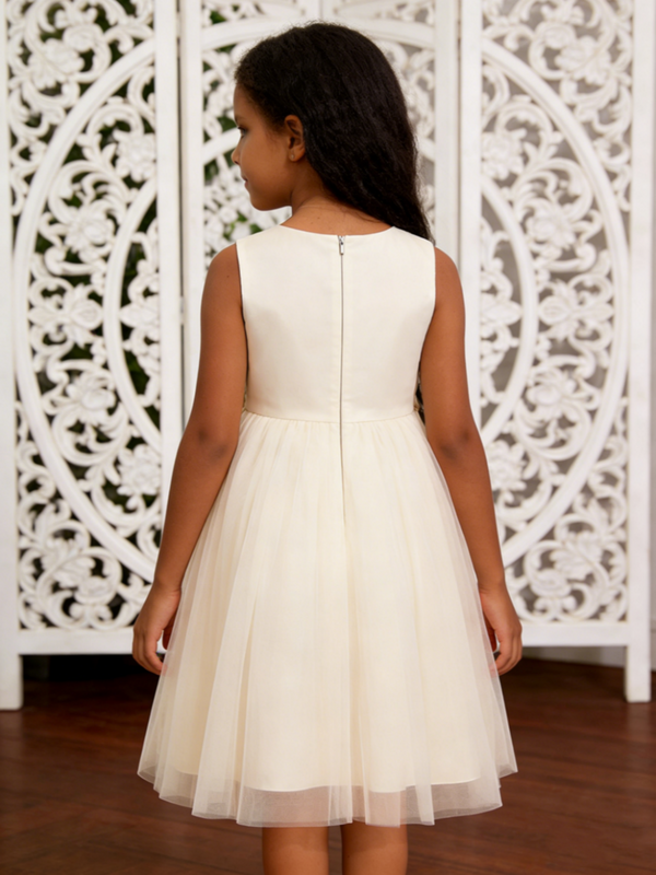 Sleeveless Satin Tulle Flower Girl Dress with Double Bows for Wedding Formal Party