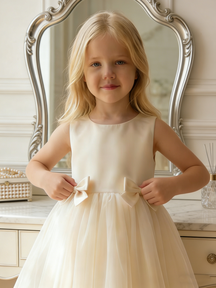 Sleeveless Satin Tulle Flower Girl Dress with Double Bows for Wedding Formal Party