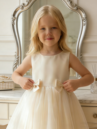 Sleeveless Satin Tulle Flower Girl Dress with Double Bows for Wedding Formal Party