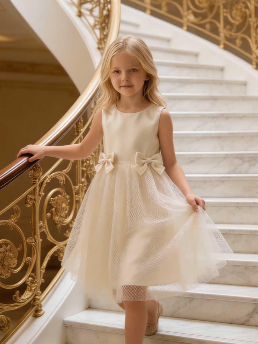 Sleeveless Satin Tulle Flower Girl Dress with Double Bows for Wedding Formal Party