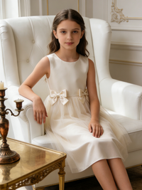 Sleeveless Satin Tulle Flower Girl Dress with Double Bows for Wedding Formal Party