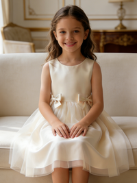 Sleeveless Satin Tulle Flower Girl Dress with Double Bows for Wedding Formal Party