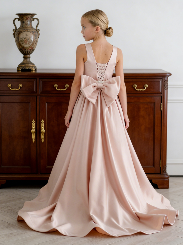 Sleeveless Satin Flower Girl Gown with Lace Up Back Bow for Wedding Formal Pageant