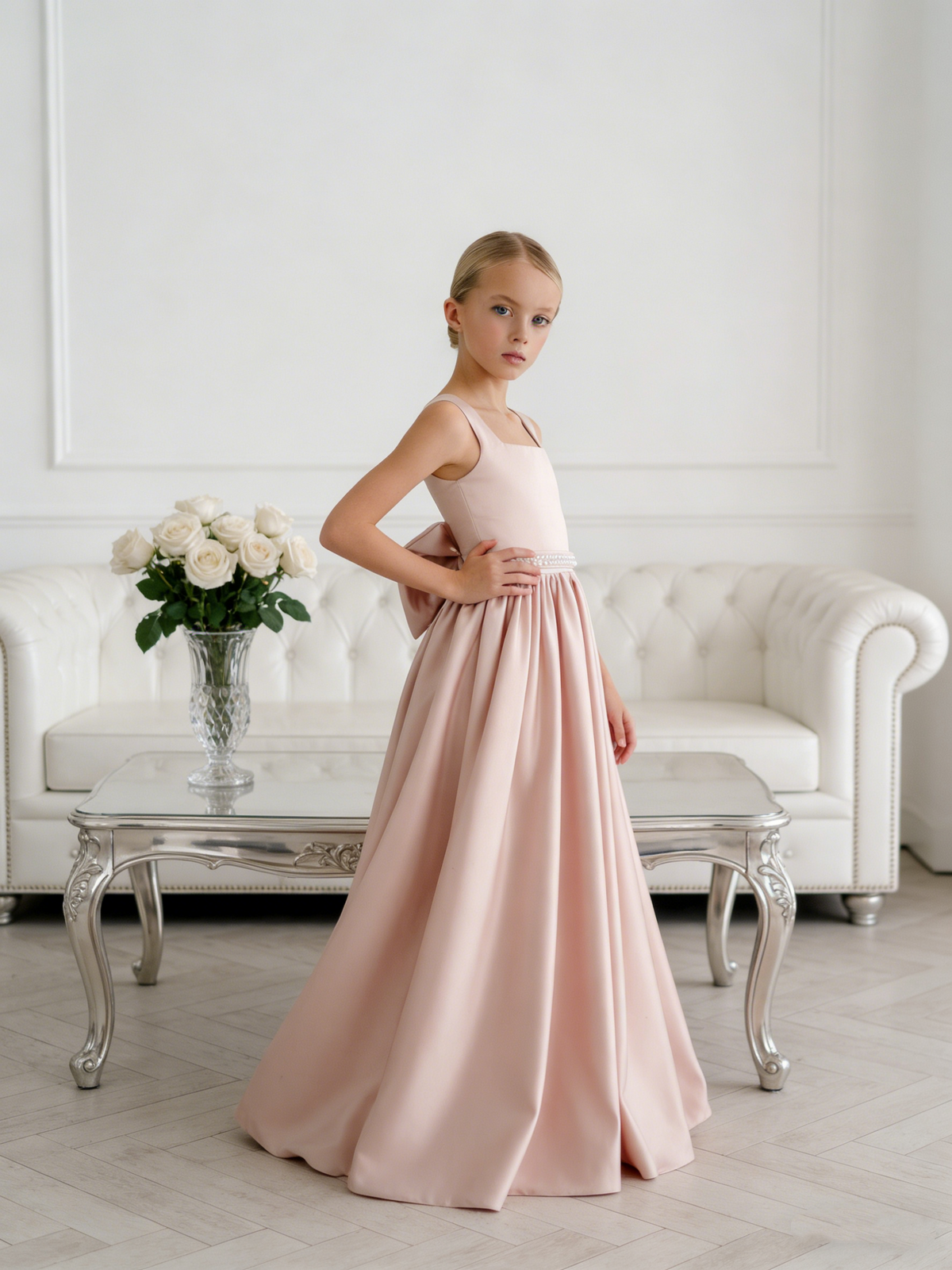 Sleeveless Satin Flower Girl Gown with Lace Up Back Bow for Wedding Formal Pageant