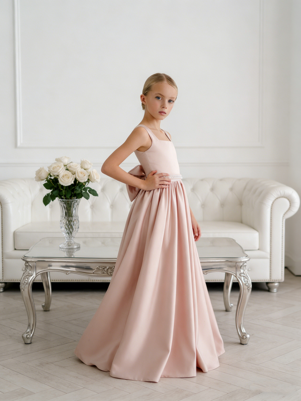 Sleeveless Satin Flower Girl Gown with Lace Up Back Bow for Wedding Formal Pageant